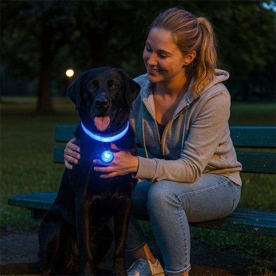 Chien assis portant un collier lumineux pour chien avec sa maitresse qui le prend dans ses bras