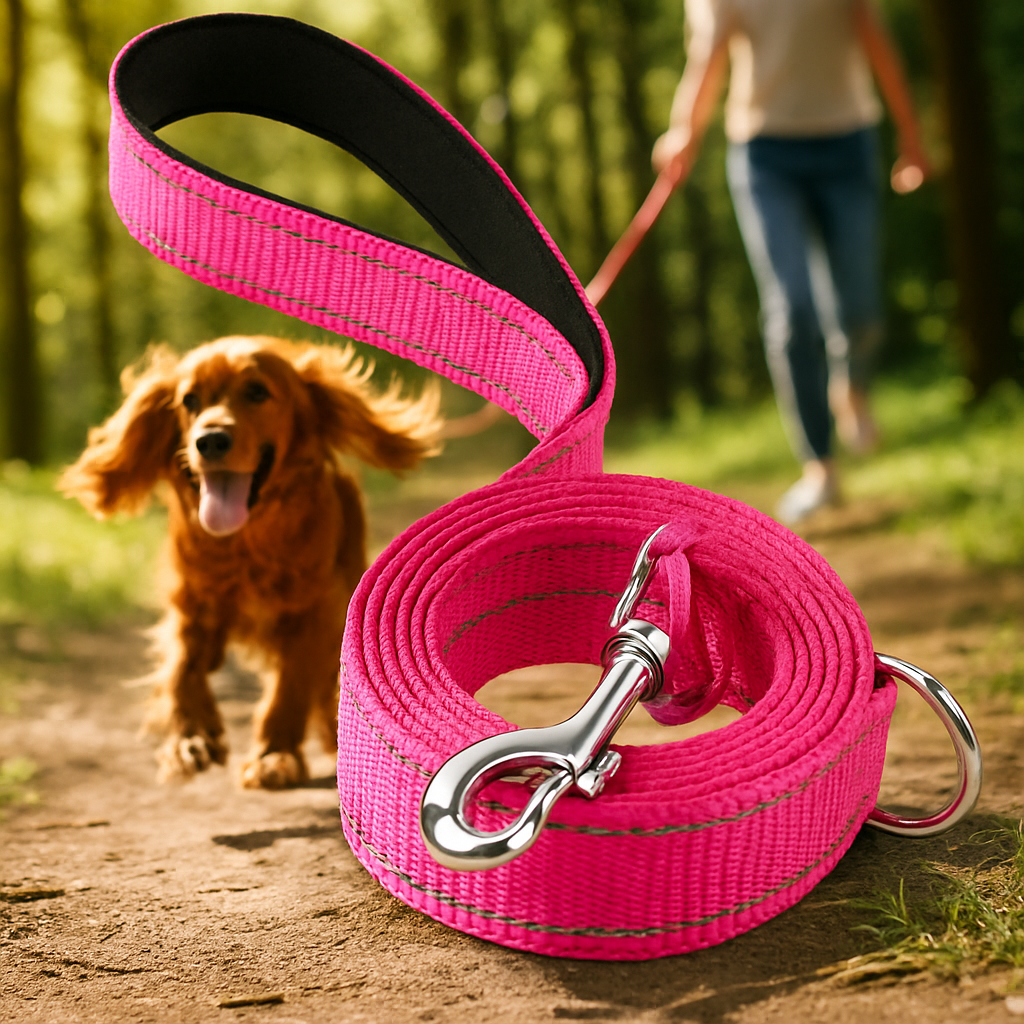 Chien balade forĂȘt avec laisse pour chiens rose