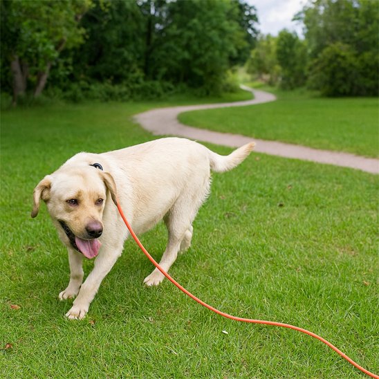 Chien dans un parc tenu en longe pour chien orange