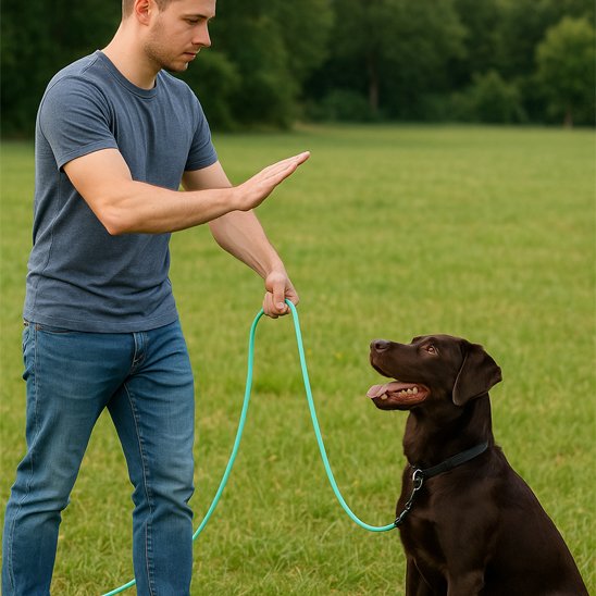 Chien en cours de dressage dans un parc tenu par une longe pour chien verte