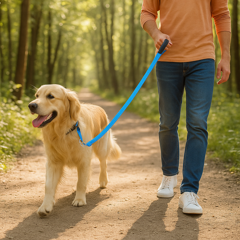 Chien golden avec laisse pour chiens bleu