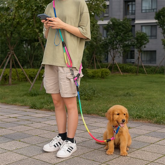 Chiot tenu en laisse pour chien mains libres avec son maitre dans les allées d'une résidence