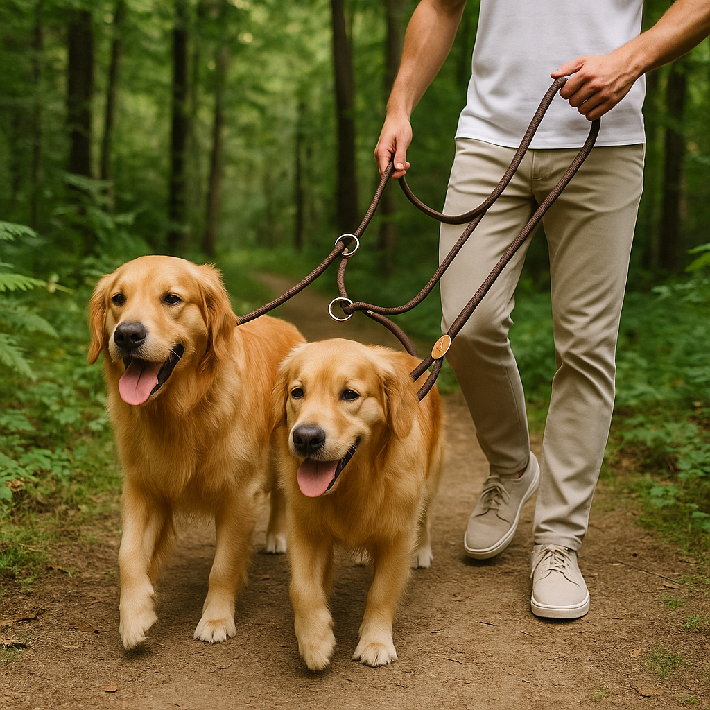 Deux chiens promenade avec laisse double pour chien marron