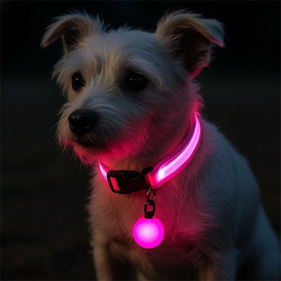 Petit chien blanc assis portant un collier lumineux pour chien