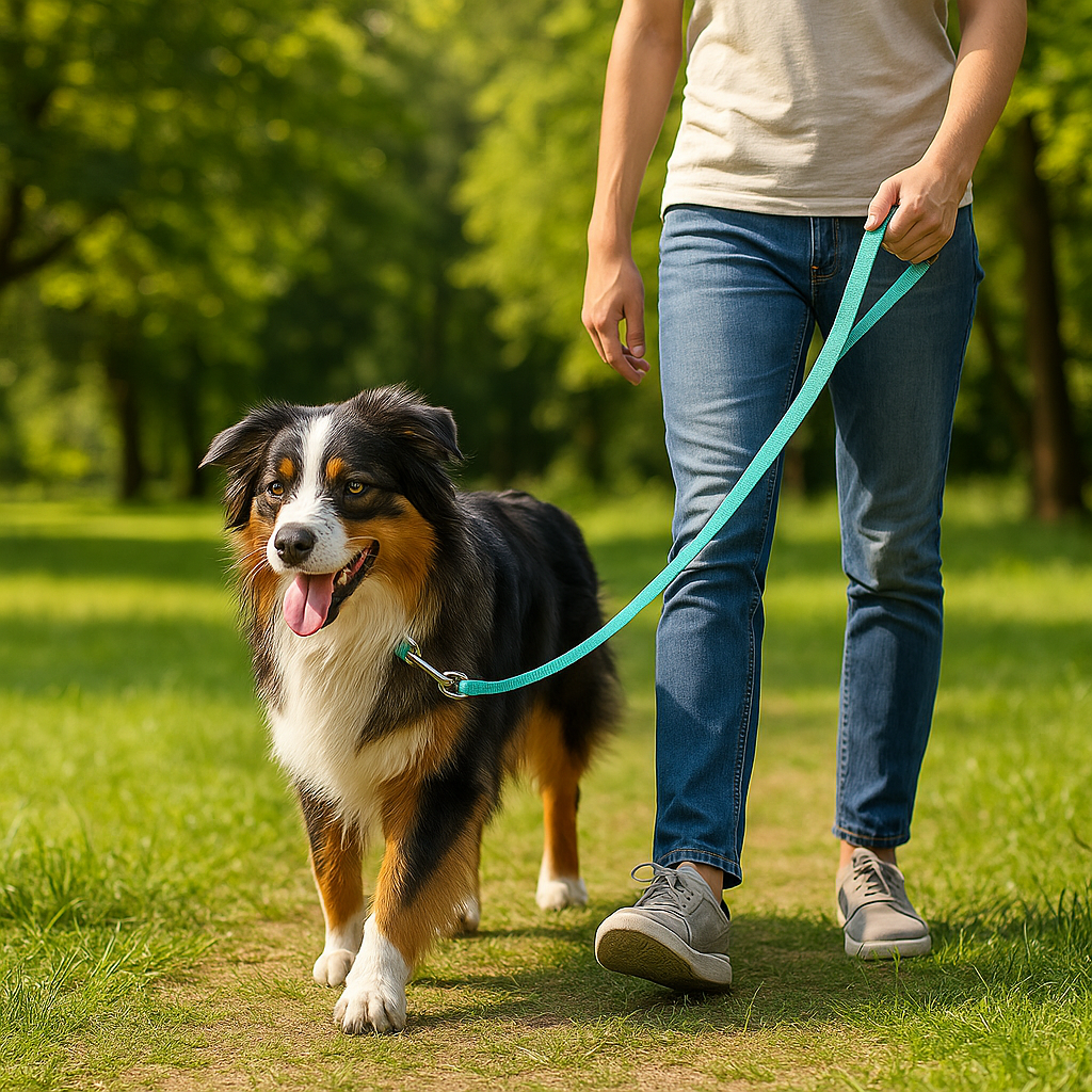 berger australien avec laisse pour chiens couleur Cyan