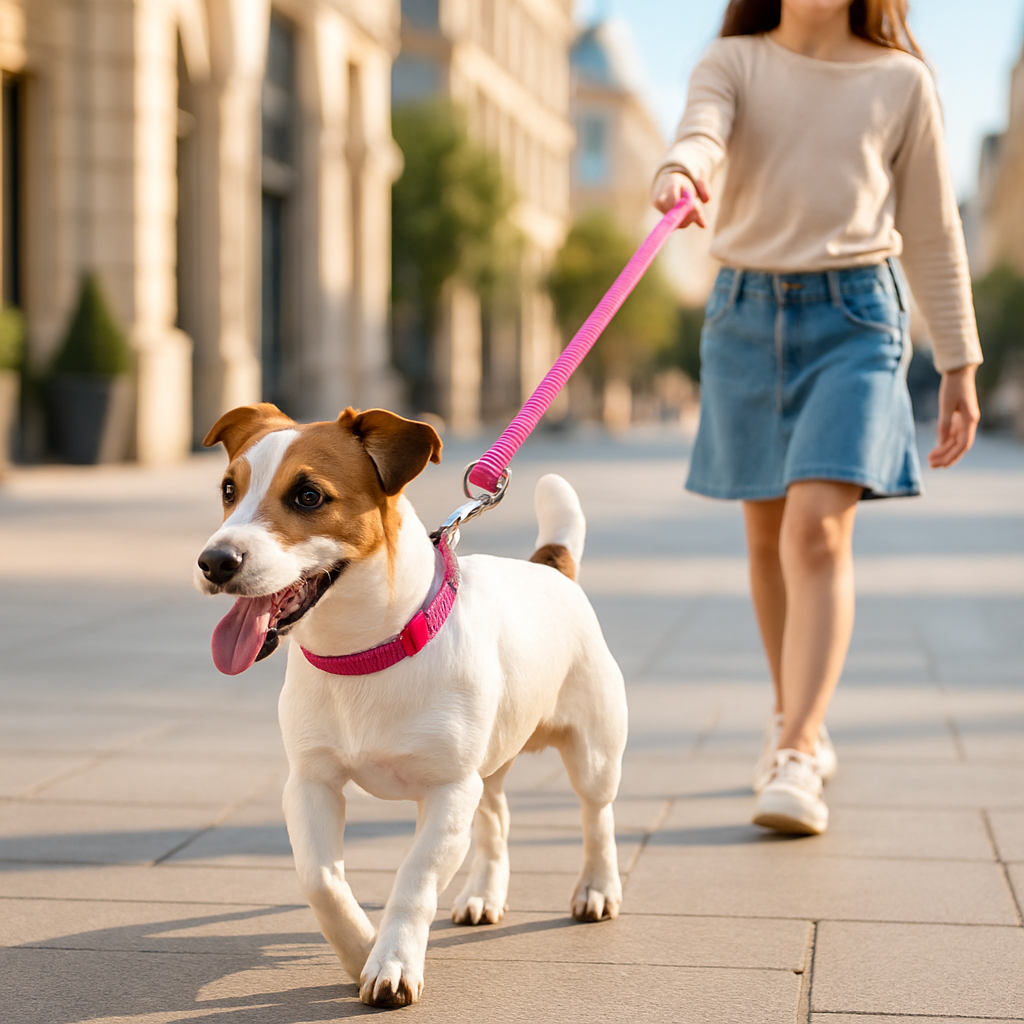 jack russel avec laisse pour chiens rose