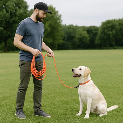 Chien assis au pied de son maitre et tenu avec une longe pour chien orange
