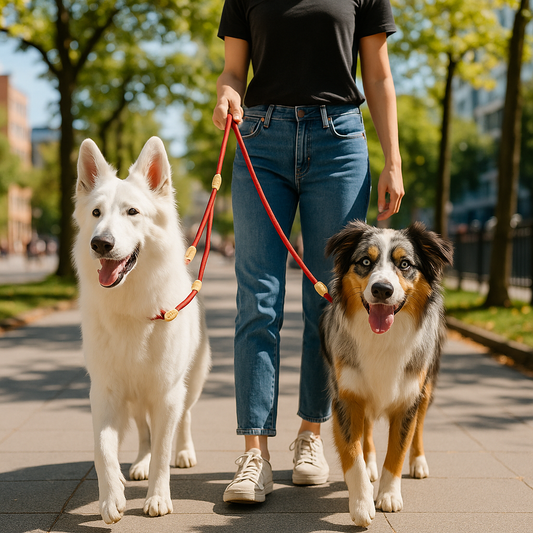 Promenade deux chien en laisse double pour chiens et leur maîtresse